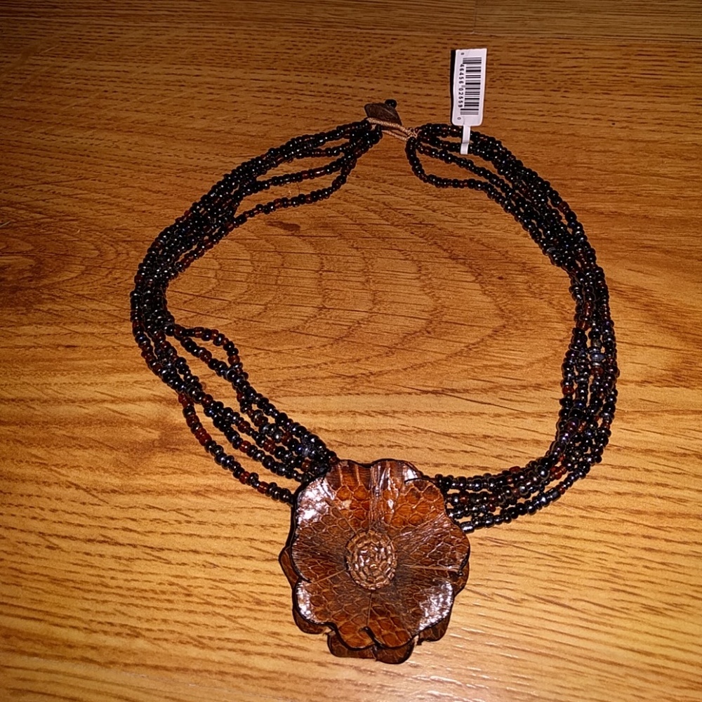 NWT Leather Rose Pendant with Beaded Necklace